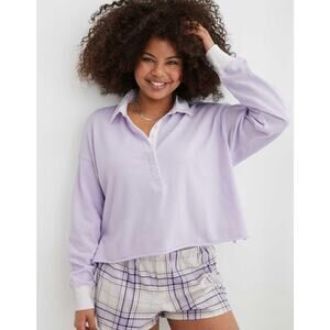 Aerie Sporty Prep Rugby Polo Shirt in Lavender Dawn Size Large